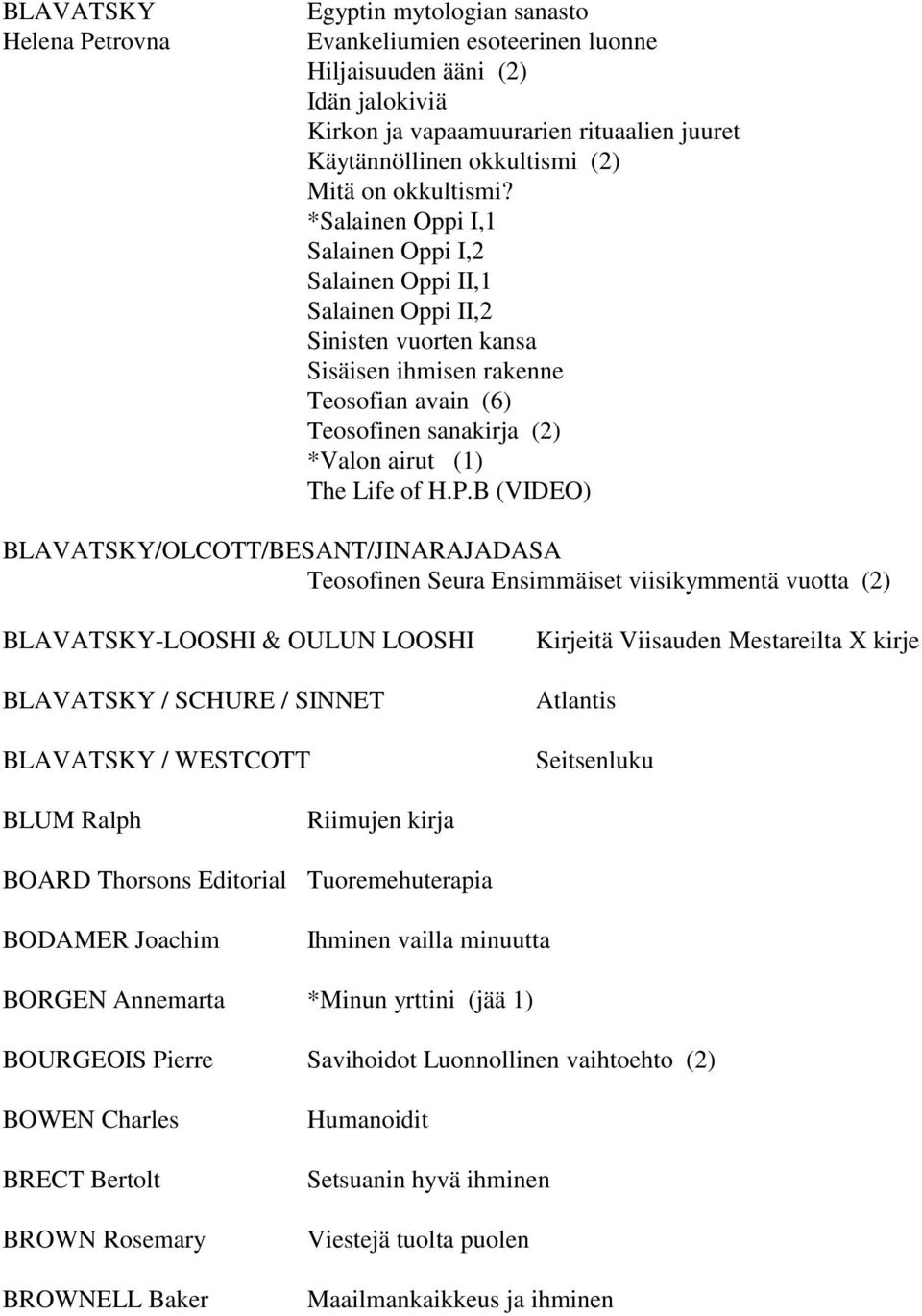 *Salainen Oppi I,1 Salainen Oppi I,2 Salainen Oppi II,1 Salainen Oppi II,2 Sinisten vuorten kansa Sisäisen ihmisen rakenne Teosofian avain (6) Teosofinen sanakirja (2) *Valon airut (1) The Life of H.