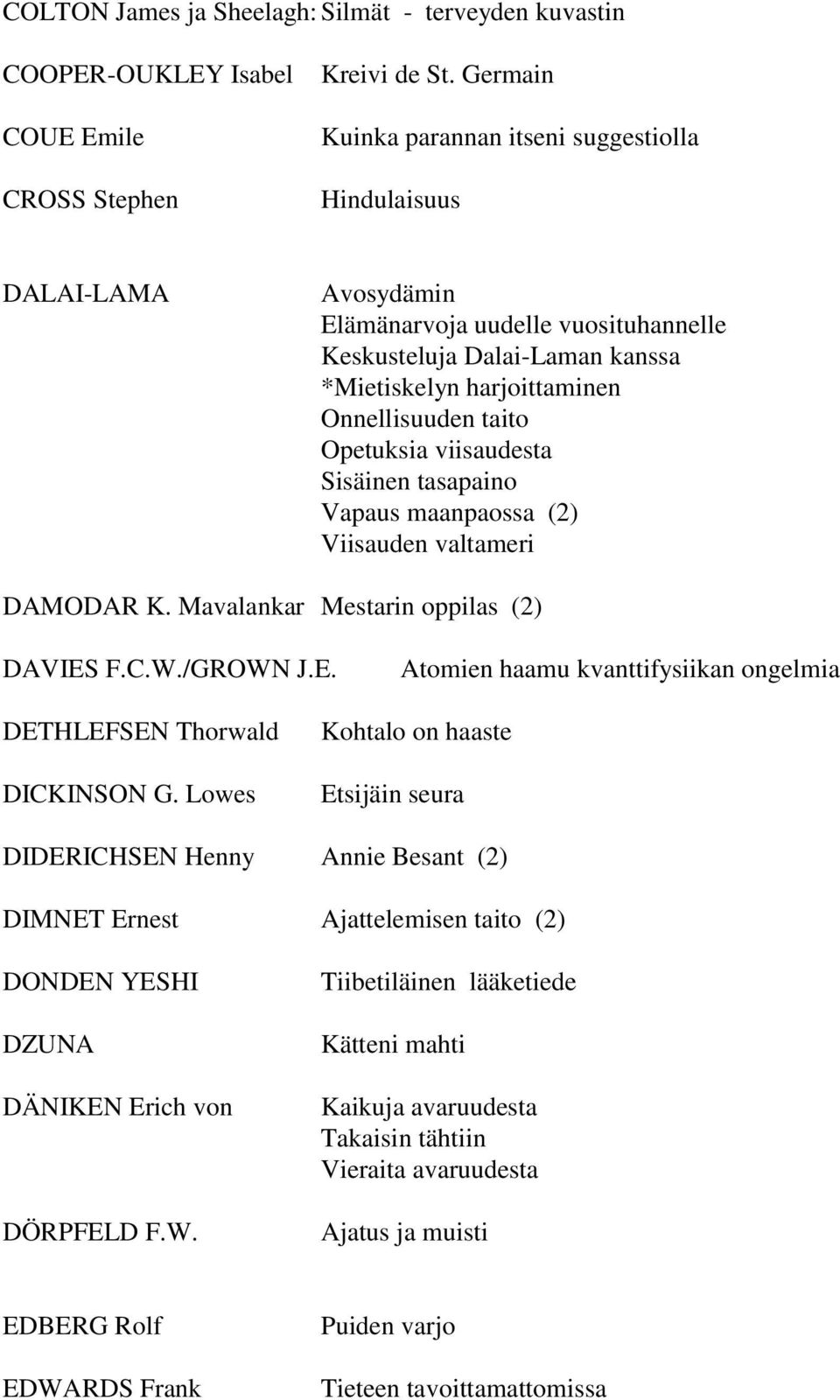 Opetuksia viisaudesta Sisäinen tasapaino Vapaus maanpaossa (2) Viisauden valtameri DAMODAR K. Mavalankar Mestarin oppilas (2) DAVIES