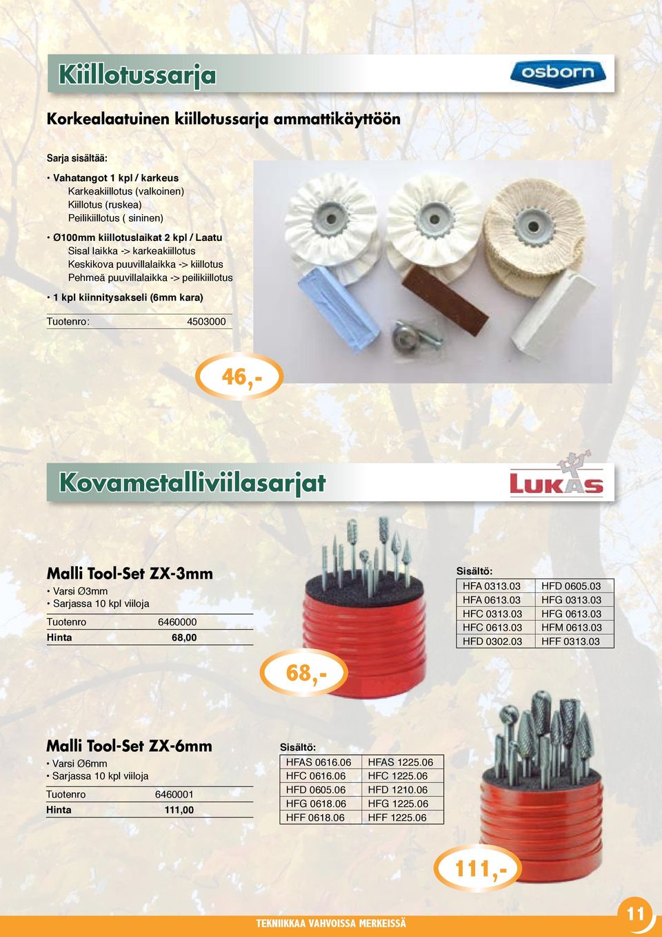 Kovametalliviilasarjat Malli Tool-Set ZX-3mm Varsi Ø3mm Sarjassa 10 kpl viiloja Tuotenro 6460000 Hinta 68,00 Sisältö: HFA 0313.03 HFD 0605.03 HFA 0613.03 HFG 0313.03 HFC 0313.03 HFG 0613.03 HFC 0613.