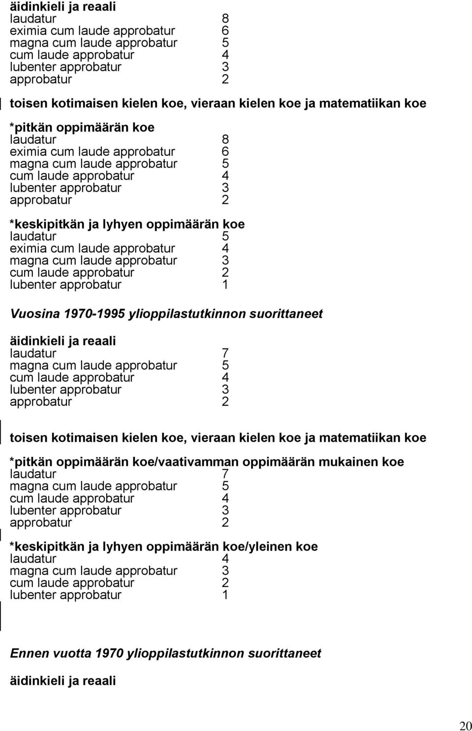 oppimäärän koe laudatur 5 eximia cum laude approbatur 4 magna cum laude approbatur 3 cum laude approbatur 2 lubenter approbatur 1 Vuosina 1970-1995 ylioppilastutkinnon suorittaneet äidinkieli ja