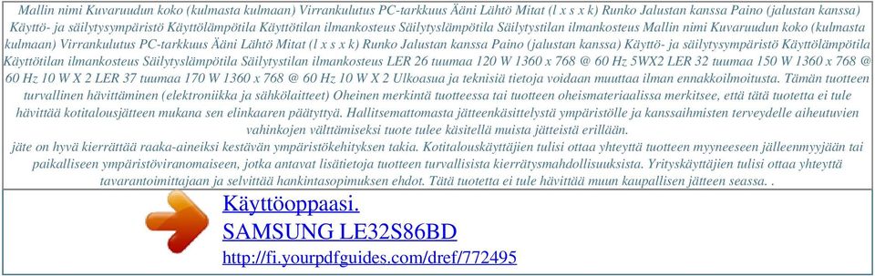 Käyttötilan ilmankosteus Säilytyslämpötila Säilytystilan ilmankosteus Mallin nimi Kuvaruudun koko (kulmasta kulmaan) Virrankulutus PC-tarkkuus Ääni Lähtö Mitat (l x s x k) Runko Jalustan kanssa Paino