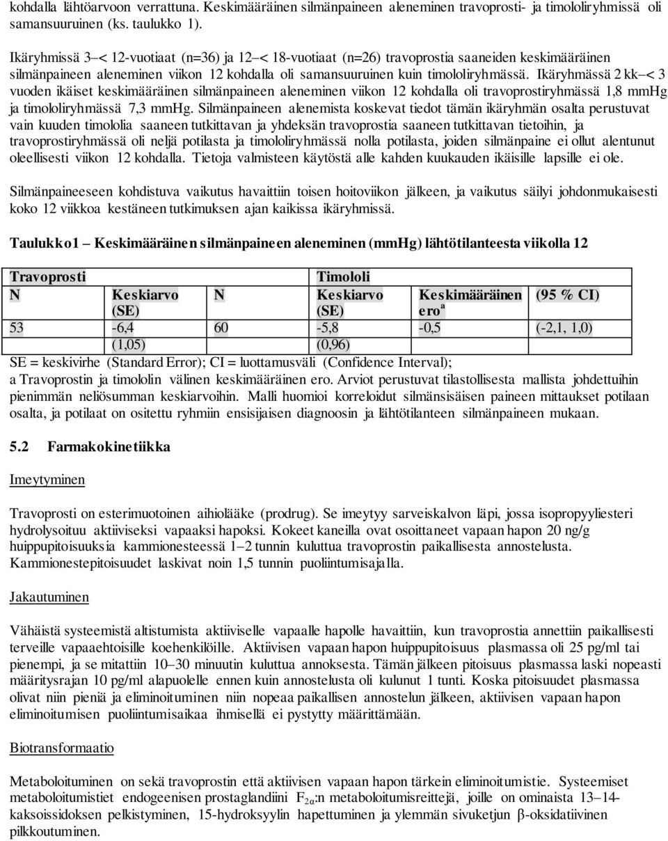 Ikäryhmässä 2 kk < 3 vuoden ikäiset keskimääräinen silmänpaineen aleneminen viikon 12 kohdalla oli travoprostiryhmässä 1,8 mmhg ja timololiryhmässä 7,3 mmhg.