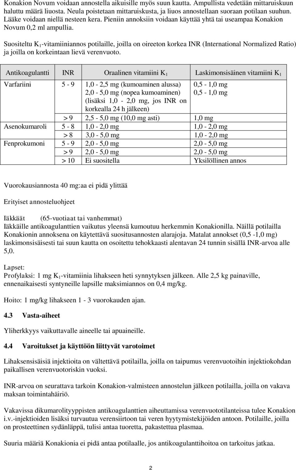 Suositeltu K 1 -vitamiiniannos potilaille, joilla on oireeton korkea INR (International Normalized Ratio) ja joilla on korkeintaan lievä verenvuoto.