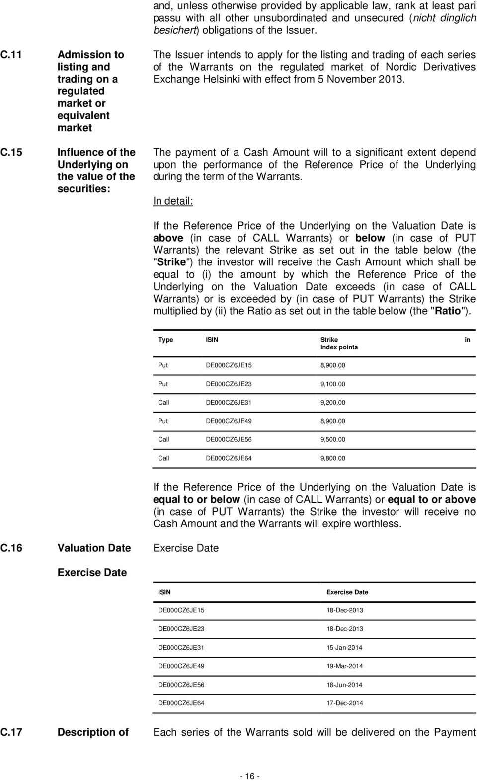 15 Influence of the Underlying on the value of the securities: The Issuer intends to apply for the listing and trading of each series of the Warrants on the regulated market of Nordic Derivatives