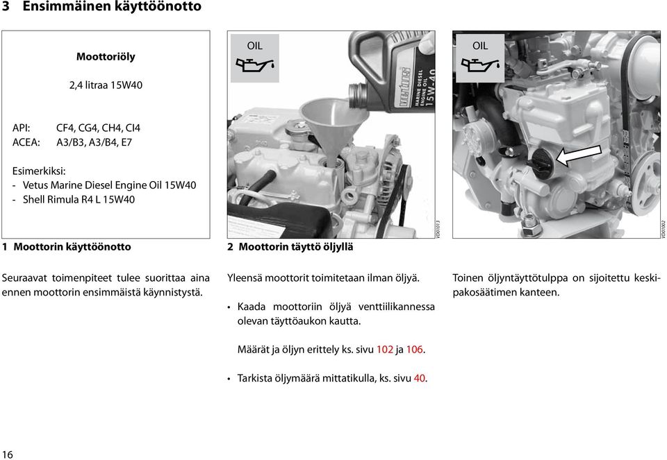 ennen moottorin ensimmäistä käynnistystä. Yleensä moottorit toimitetaan ilman öljyä. Kaada moottoriin öljyä venttiilikannessa olevan täyttöaukon kautta.