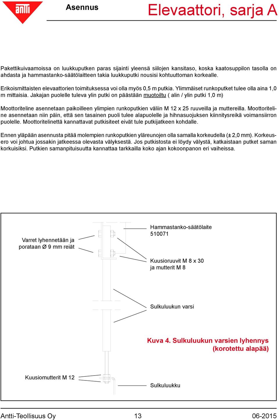 Jakajan puolelle tuleva ylin putki on päästään muotoiltu ( alin / ylin putki 1,0 m) Moottoriteline asennetaan paikoilleen ylimpien runkoputkien väliin M 12 x 25 ruuveilla ja muttereilla.