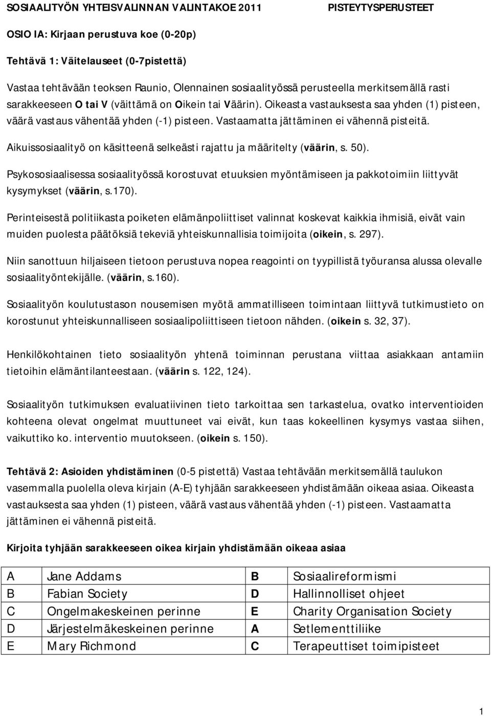 Vastaamatta jättäminen ei vähennä pisteitä. Aikuissosiaalityö on käsitteenä selkeästi rajattu ja määritelty (väärin, s. 50).