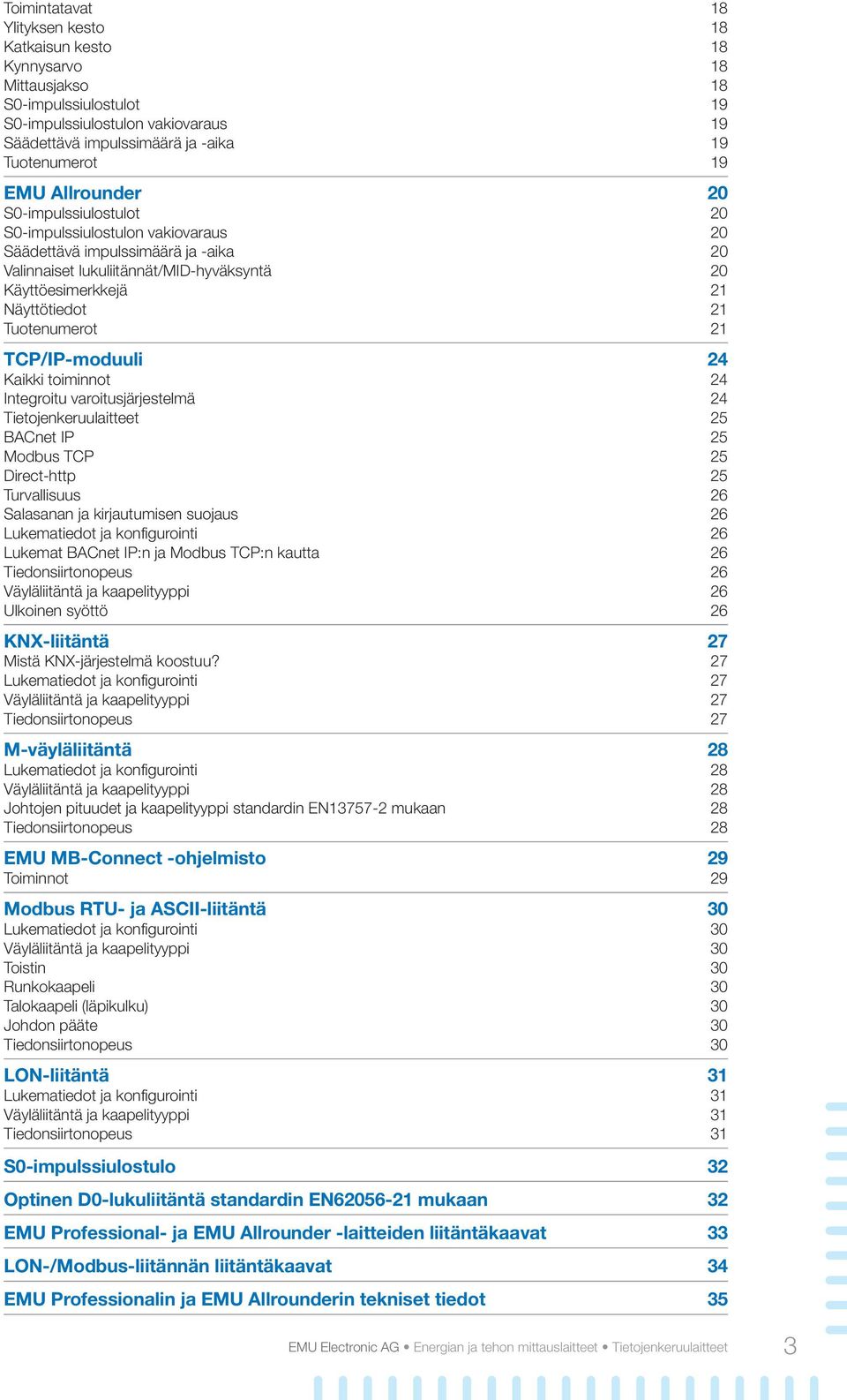 Tuotenumerot 21 TCP/IP-moduuli 24 Kaikki toiminnot 24 Integroitu varoitusjärjestelmä 24 Tietojenkeruulaitteet 25 BACnet IP 25 Modbus TCP 25 Direct-http 25 Turvallisuus 26 Salasanan ja kirjautumisen