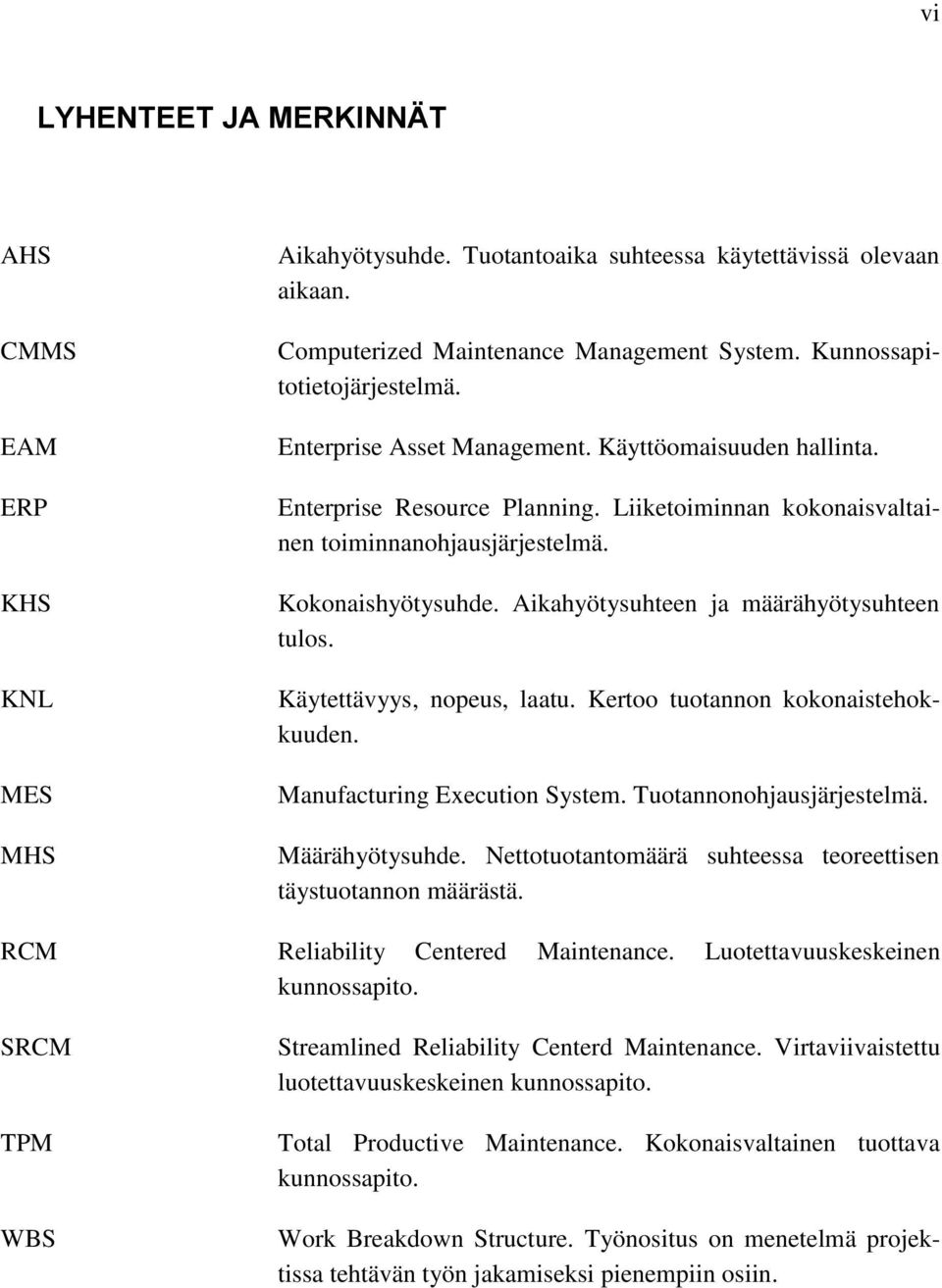 Aikahyötysuhteen ja määrähyötysuhteen tulos. Käytettävyys, nopeus, laatu. Kertoo tuotannon kokonaistehokkuuden. Manufacturing Execution System. Tuotannonohjausjärjestelmä. Määrähyötysuhde.
