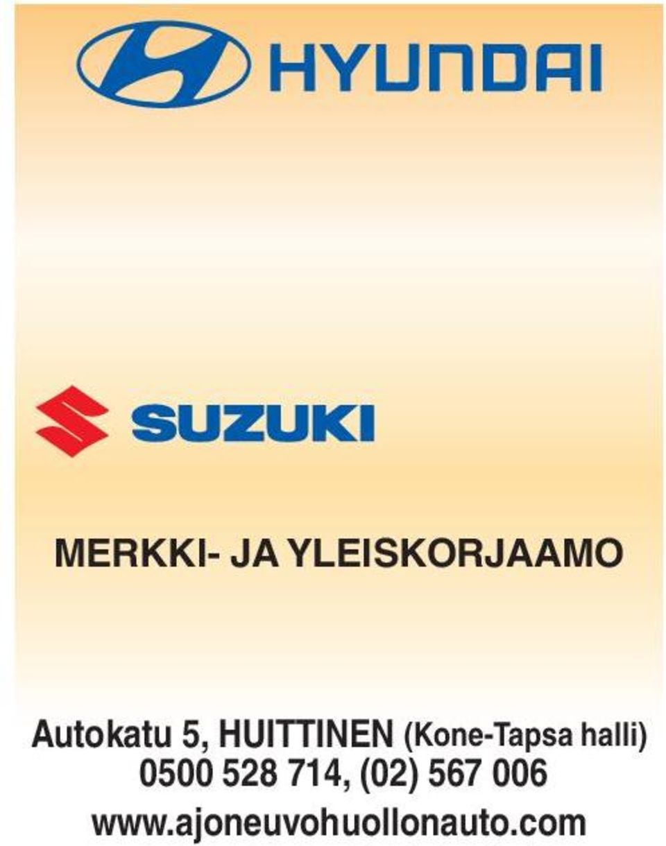 (Kone-Tapsa halli) 0500 528 714, (02) 567 006 www.ajoneuvohuollonauto.com Maksa erissä, nyt jopa 6 kk korotonta ja kulutonta maksuaikaa! Tuplaa kehykset! 1=2 1.-31.3.2011 Tuplaa kehykset ja Bonukset!