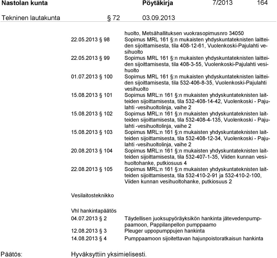 07.2013 100 Sopimus MRL 161 :n mukaisten yhdyskuntateknisten laitteiden sijoittamisesta, tila 532-406-8-35, Vuolenkoski-Pajulahti vesihuolto 15.08.