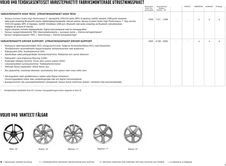 kautta, käyttöohjekirja kovalevyllä, internet valmius/ Sensus Connect Audio High Performance 7 färg monitor DVD/CD-spelare, MP3, 8 högtalare, 4x45W förstärkare, USB port, Bluetooth med audio