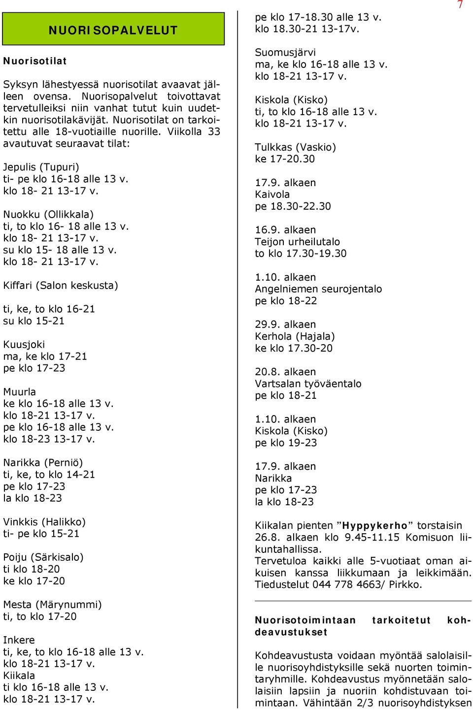 Nuokku (Ollikkala) ti, to klo 16-18 alle 13 v. klo 18-21 13-17 v. su klo 15-18 alle 13 v. klo 18-21 13-17 v. Kiffari (Salon keskusta) ti, ke, to klo 16-21 su klo 15-21 Kuusjoki ma, ke klo 17-21 pe klo 17-23 Muurla ke klo 16-18 alle 13 v.