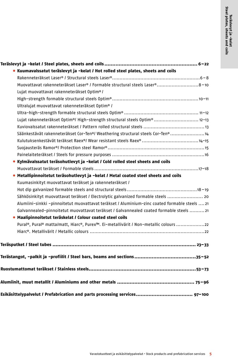 ..6 8 Muovattavat rakenneteräkset Laser / Formable structural steels Laser...8 10 Lujat muovattavat rakenneteräkset Optim / High-strength formable structural steels Optim.