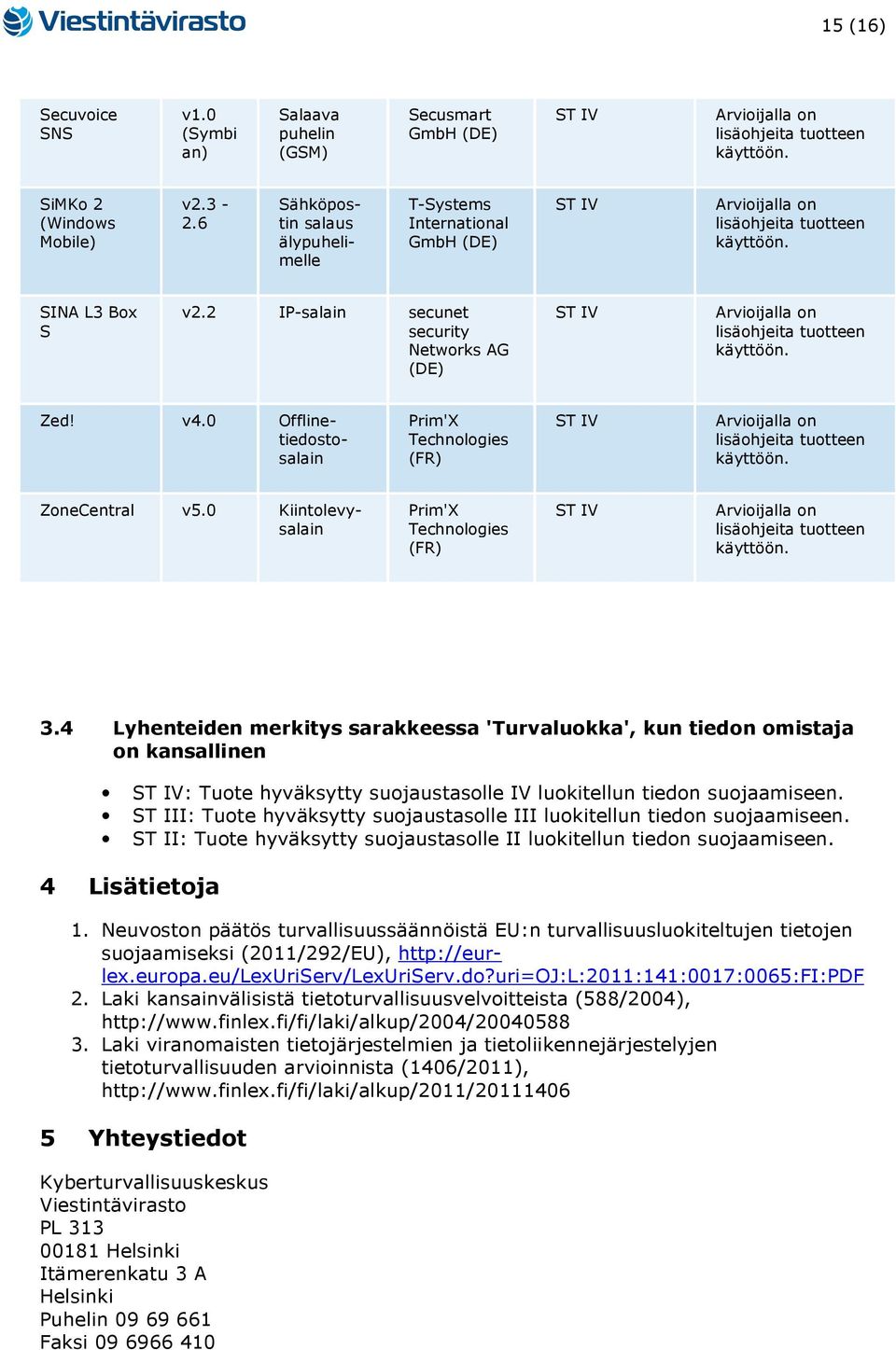 4 Lyhenteiden merkitys sarakkeessa 'Turvaluokka', kun tiedon omistaja on kansallinen : Tuote hyväksytty suojaustasolle IV luokitellun tiedon suojaamiseen.