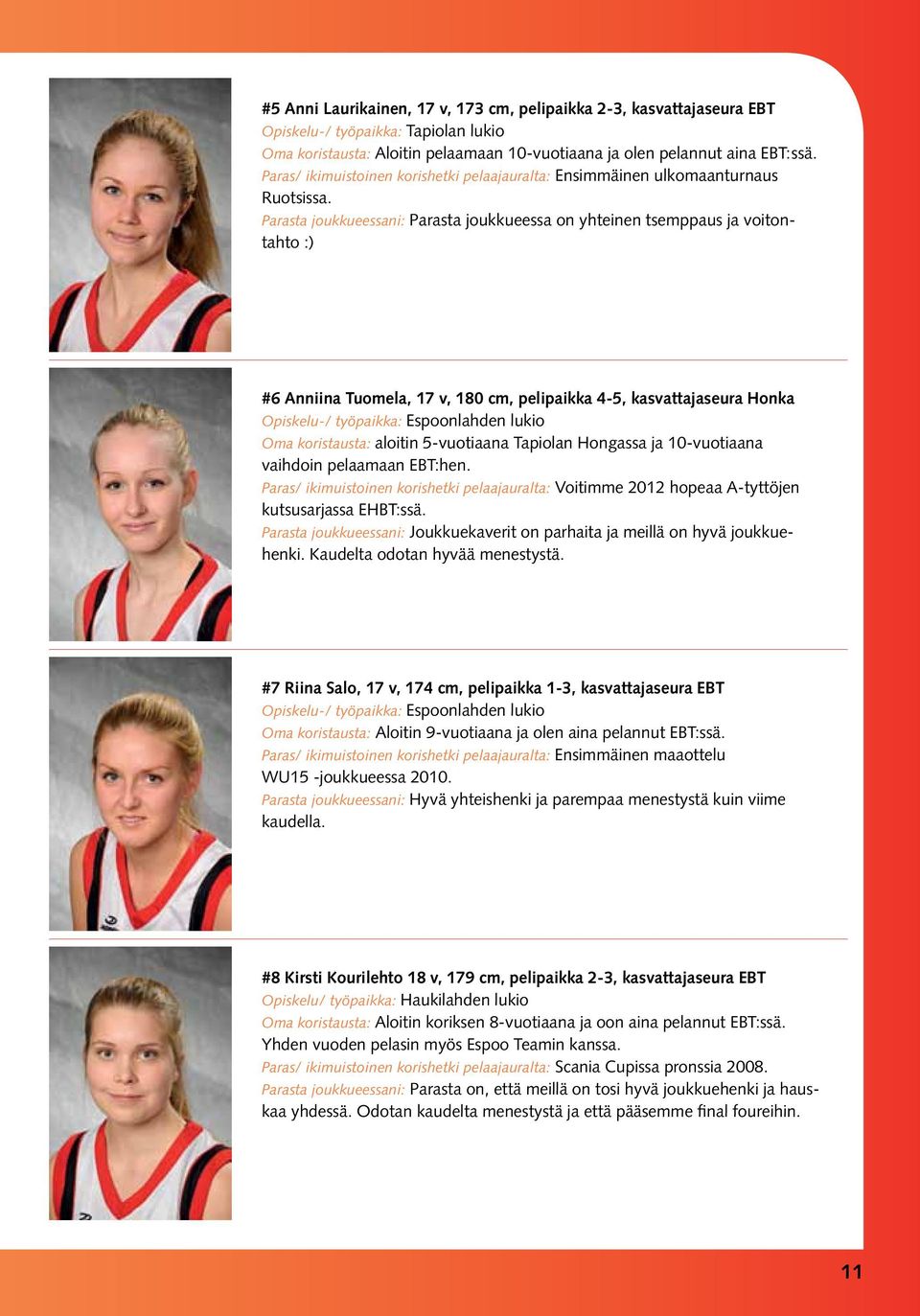 Parasta joukkueessani: Parasta joukkueessa on yhteinen tsemppaus ja voitontahto :) #6 Anniina Tuomela, 17 v, 180 cm, pelipaikka 4-5, kasvattajaseura Honka Opiskelu-/ työpaikka: Espoonlahden lukio Oma