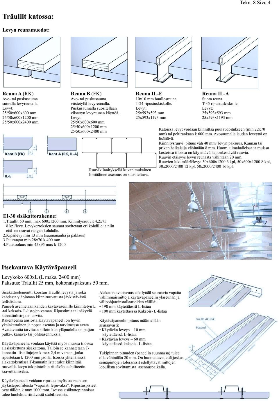 25/50x600x600 25/50x600x1200 25/50x600x200 Ruuvikiinnityksellä kuvan mukainen limittäinen asennus on suositeltava. Reuna IL-E 10x10 huullosreuna T-2 ripustuskiskolle.