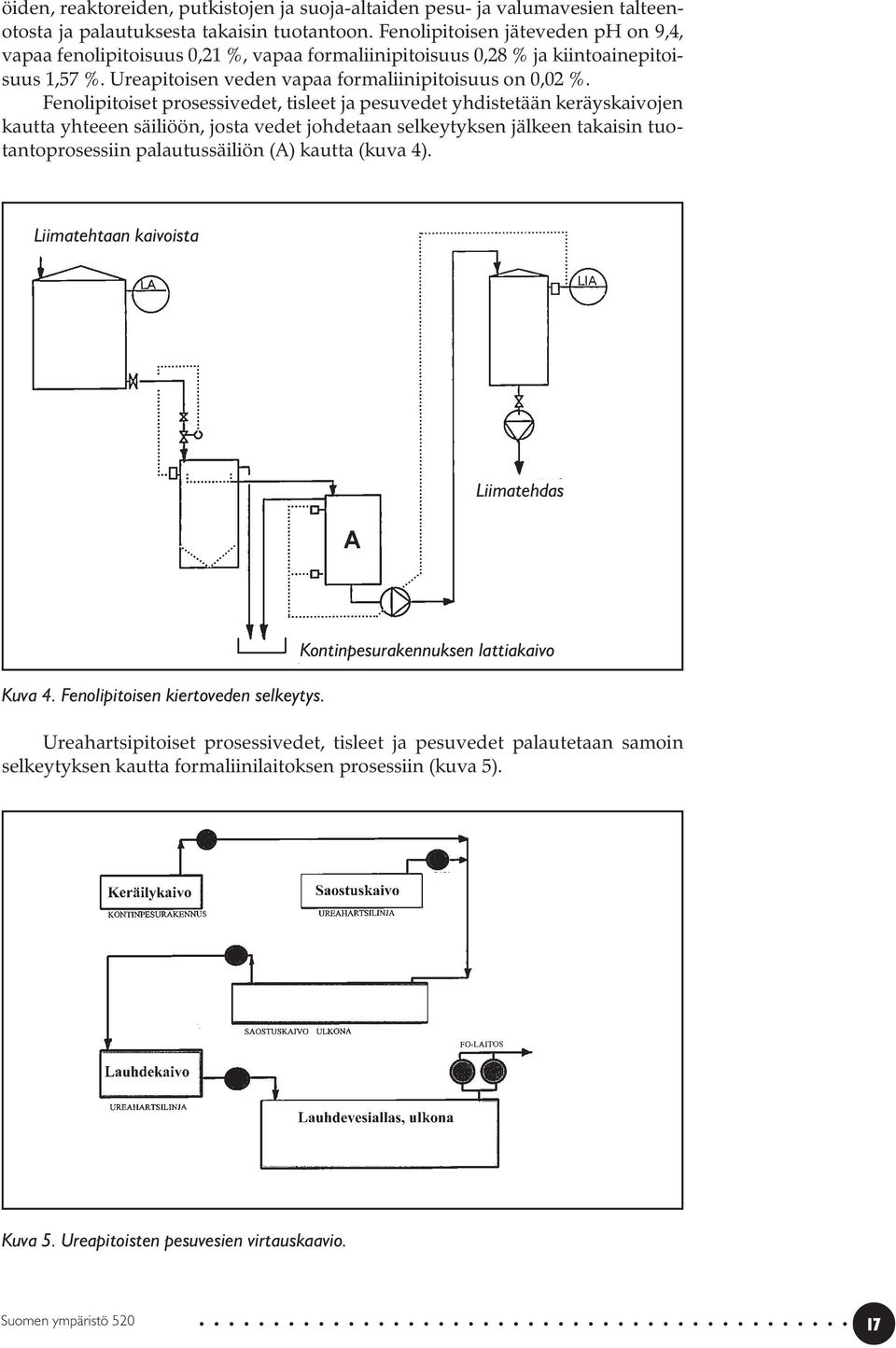 Fenolipitoiset prosessivedet, tisleet ja pesuvedet yhdistetään keräyskaivojen kautta yhteeen säiliöön, josta vedet johdetaan selkeytyksen jälkeen takaisin tuotantoprosessiin palautussäiliön (A)