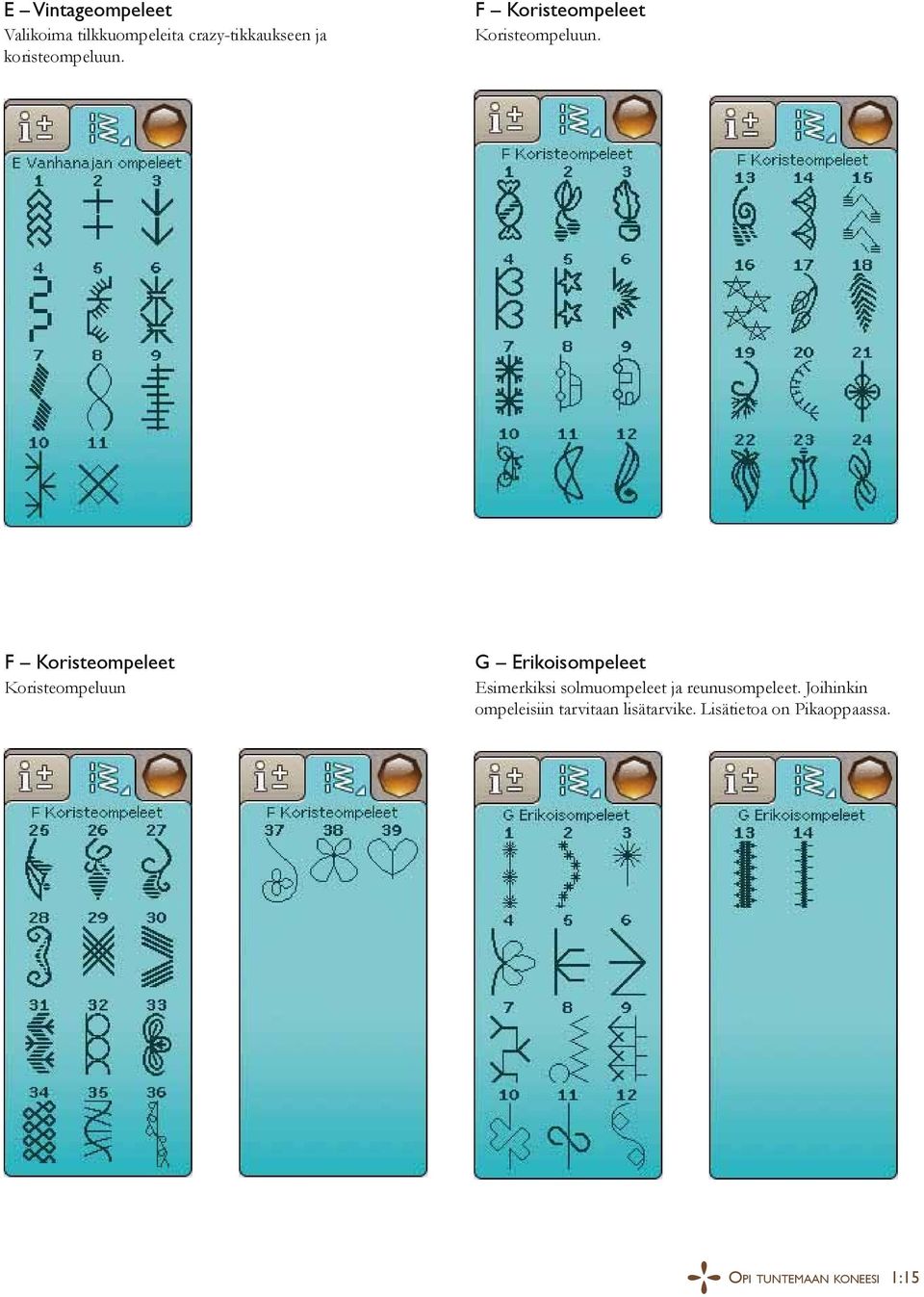 F Koristeompeleet Koristeompeluun G Erikoisompeleet Esimerkiksi solmuompeleet