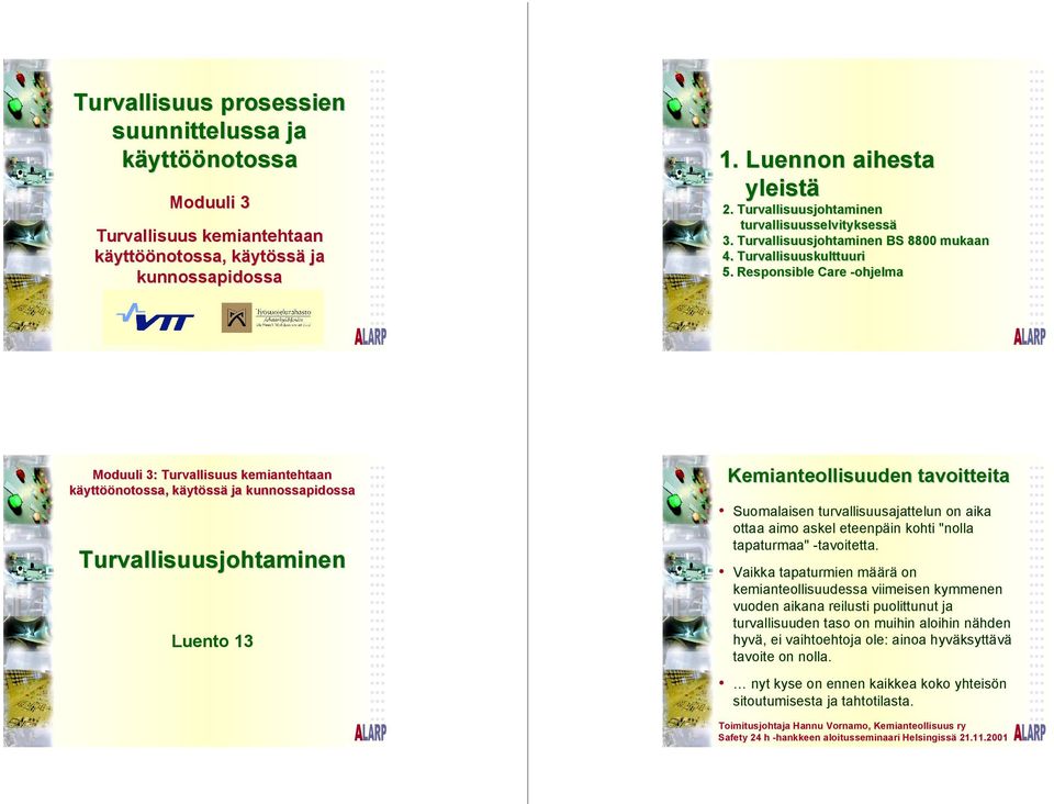 Responsible Care -ohjelma Moduuli 3: Turvallisuus kemiantehtaan käyttöönotossa, käytössä ja kunnossapidossa Turvallisuusjohtaminen Luento 13 Kemianteollisuuden tavoitteita Suomalaisen