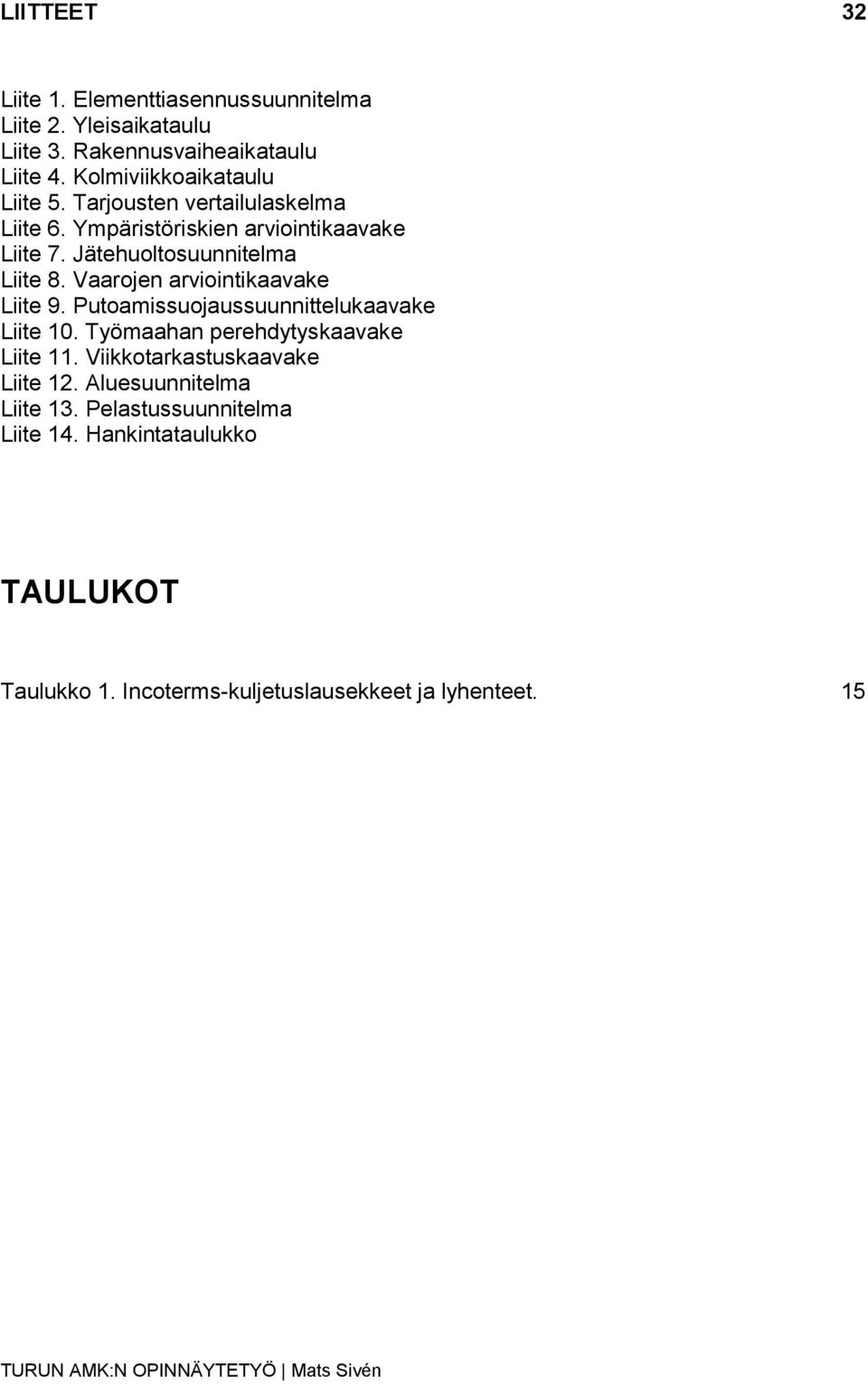 Jätehuoltosuunnitelma Liite 8. Vaarojen arviointikaavake Liite 9. Putoamissuojaussuunnittelukaavake Liite 10.