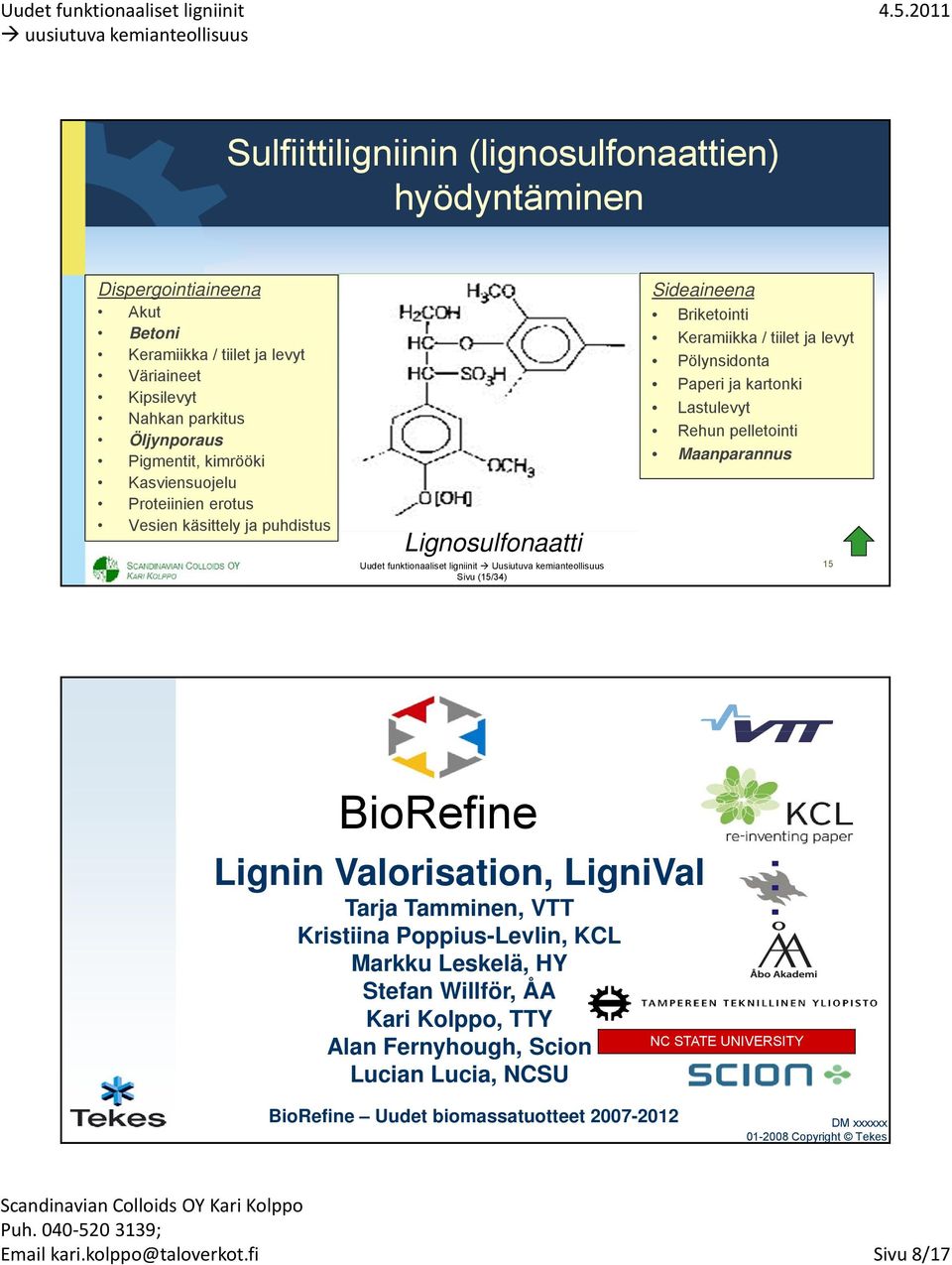 Rehun pelletointi Maanparannus 15 BioRefine Lignin Valorisation, LigniVal Tarja Tamminen, VTT Kristiina Poppius-Levlin, KCL Markku Leskelä, HY Stefan Willför, ÅA Kari Kolppo, TTY Alan