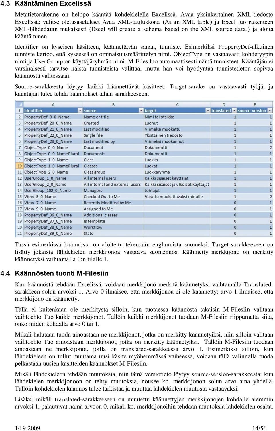 source data.) ja aloita kääntäminen. Identifier on kyseisen käsitteen, käännettävän sanan, tunniste. Esimerkiksi PropertyDef-alkuinen tunniste kertoo, että kyseessä on ominaisuusmäärittelyn nimi.