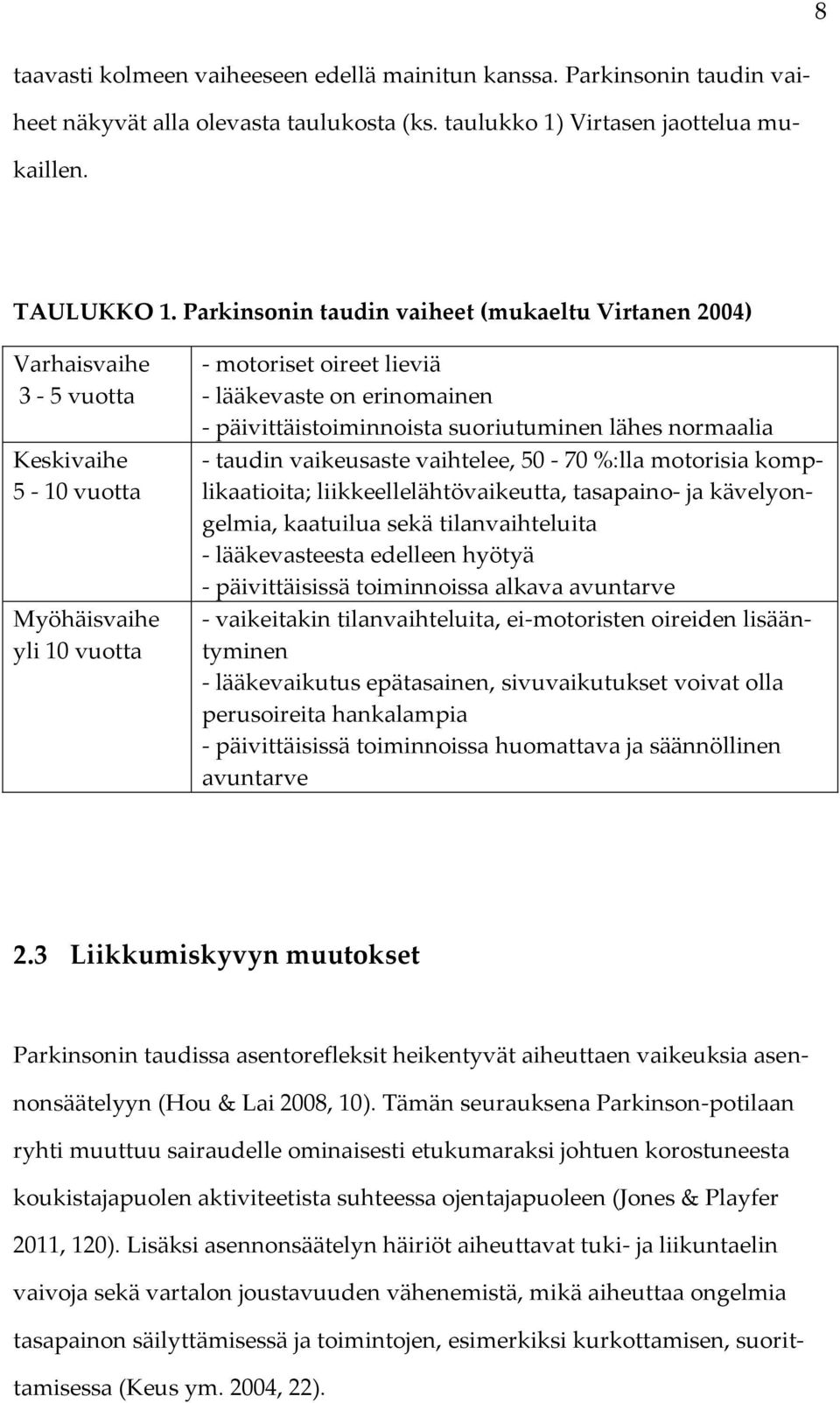 päivittäistoiminnoista suoriutuminen lähes normaalia - taudin vaikeusaste vaihtelee, 50-70 %:lla motorisia komplikaatioita; liikkeellelähtövaikeutta, tasapaino- ja kävelyongelmia, kaatuilua sekä