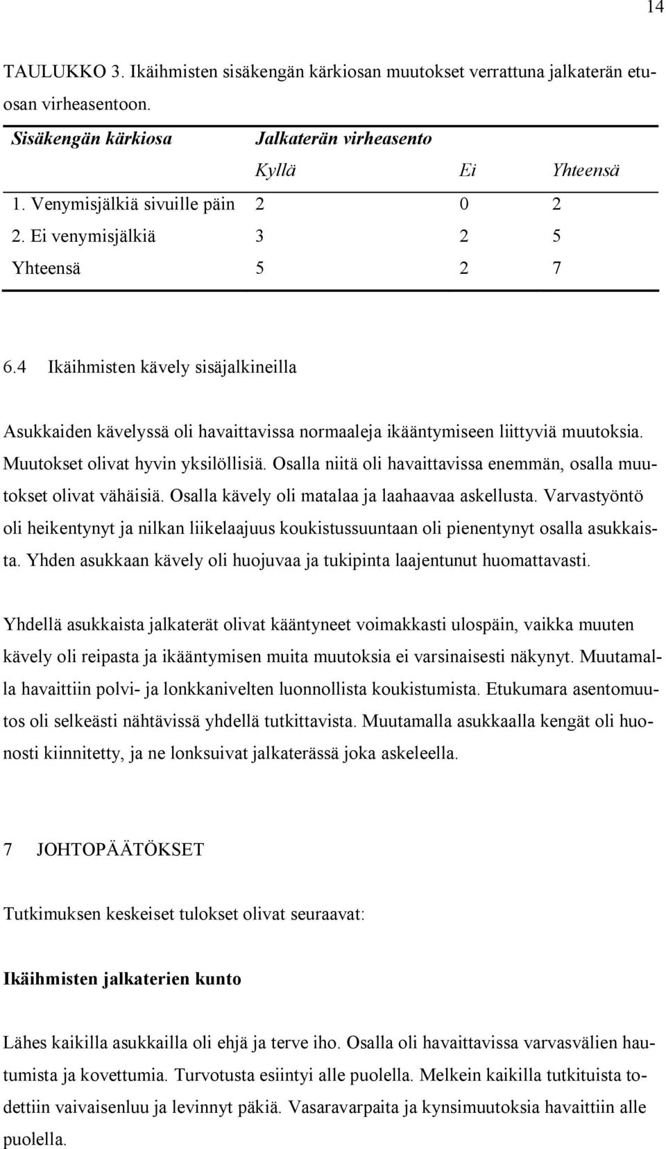 Muutokset olivat hyvin yksilöllisiä. Osalla niitä oli havaittavissa enemmän, osalla muutokset olivat vähäisiä. Osalla kävely oli matalaa ja laahaavaa askellusta.