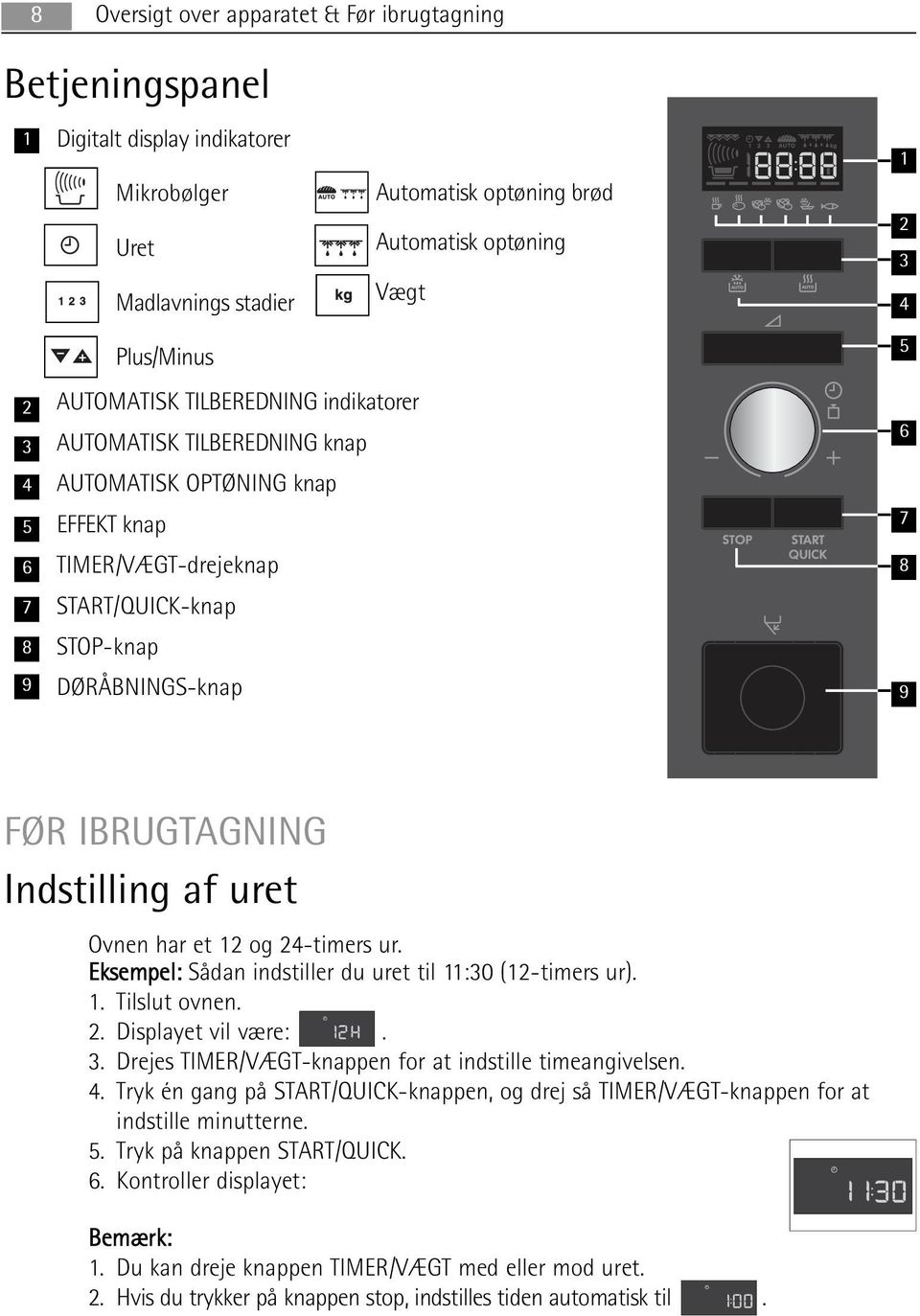 IBRUGTAGNING Indstilling af uret Ovnen har et 12 og 24-timers ur. Eksempel: Sådan indstiller du uret til 11:30 (12-timers ur). 1. Tilslut ovnen. 2. Displayet vil være:. 3.