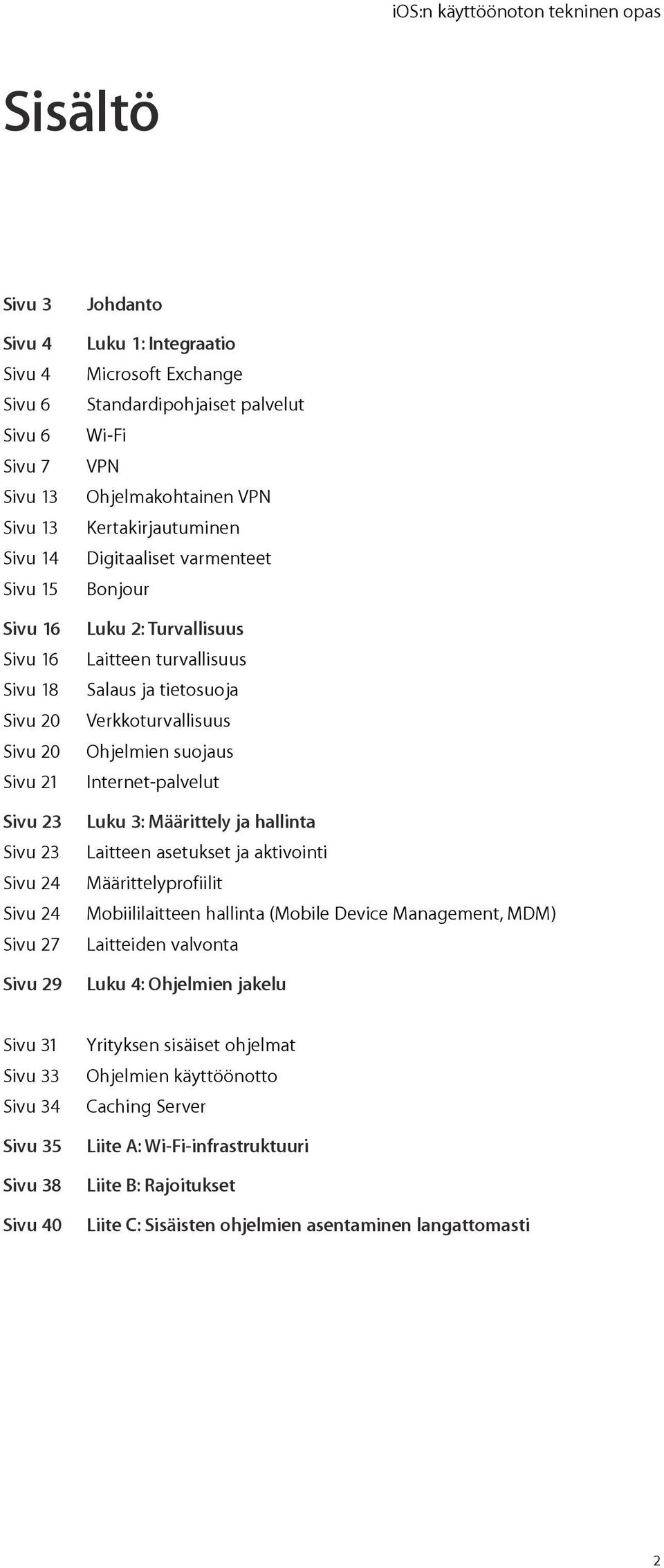 Turvallisuus Laitteen turvallisuus Salaus ja tietosuoja Verkkoturvallisuus Ohjelmien suojaus Internet-palvelut Luku 3: Määrittely ja hallinta Laitteen asetukset ja aktivointi Määrittelyprofiilit