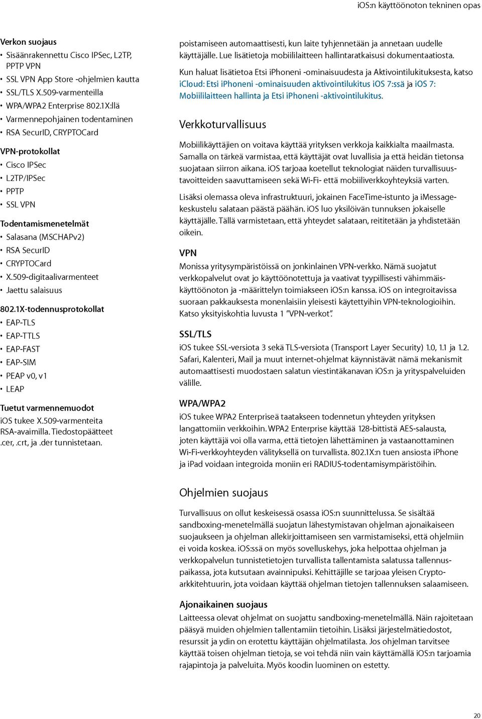 509-digitaalivarmenteet Jaettu salaisuus 802.1X-todennusprotokollat EAP-TLS EAP-TTLS EAP-FAST EAP-SIM PEAP v0, v1 LEAP Tuetut varmennemuodot ios tukee X.509-varmenteita RSA-avaimilla.