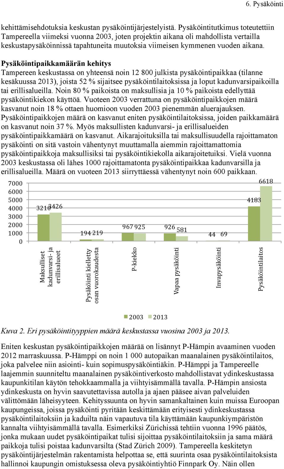 Pysäköintipaikkamäärän kehitys Tampereen keskustassa on yhteensä noin 12 800 julkista pysäköintipaikkaa (tilanne kesäkuussa 2013), joista 52 % sijaitsee pysäköintilaitoksissa ja loput