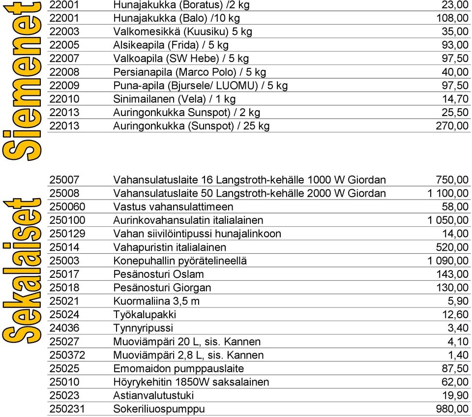 (Sunspot) / 25 kg 270,00 25007 Vahansulatuslaite 16 Langstroth-kehälle 1000 W Giordan 750,00 25008 Vahansulatuslaite 50 Langstroth-kehälle 2000 W Giordan 1 100,00 250060 Vastus vahansulattimeen 58,00