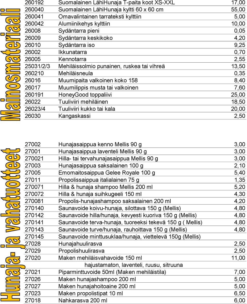 Mehiläisneula 0,35 26016 Muumipaita valkoinen koko 158 8,40 26017 Muumilippis musta tai valkoinen 7,60 260191 HoneyGood toppaliivi 25,00 26022 Tuuliviiri mehiläinen 18,50 26023/4 Tuuliviiri kukko tai