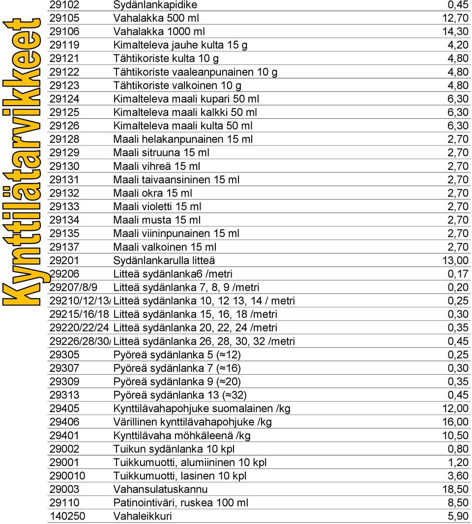 15 ml 2,70 29129 Maali sitruuna 15 ml 2,70 29130 Maali vihreä 15 ml 2,70 29131 Maali taivaansininen 15 ml 2,70 29132 Maali okra 15 ml 2,70 29133 Maali violetti 15 ml 2,70 29134 Maali musta 15 ml 2,70