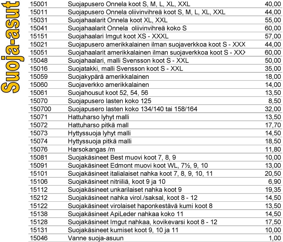 koot S - XXXL 60,00 15048 Suojahaalari, malli Svensson koot S - XXL 50,00 15016 Suojatakki, malli Svensson koot S - XXL 35,00 15059 Suojakypärä amerikkalainen 18,00 15060 Suojaverkko amerikkalainen