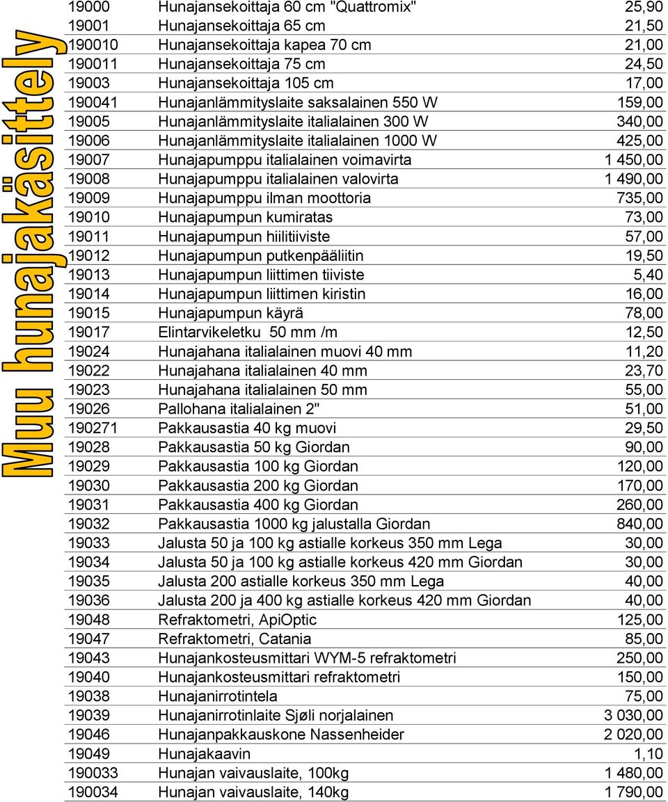 voimavirta 1 450,00 19008 Hunajapumppu italialainen valovirta 1 490,00 19009 Hunajapumppu ilman moottoria 735,00 19010 Hunajapumpun kumiratas 73,00 19011 Hunajapumpun hiilitiiviste 57,00 19012