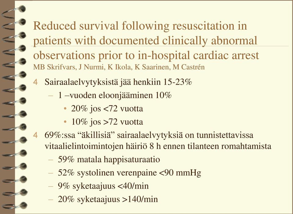 20% jos <72 vuotta 10% jos >72 vuotta 4 69%:ssa äkillisiä sairaalaelvytyksiä on tunnistettavissa vitaalielintoimintojen häiriö 8 h