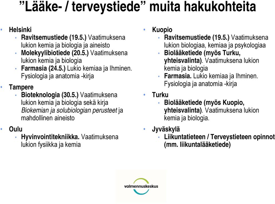 Vaatimuksena lukion fysiikka ja kemia Kuopio Ravitsemustiede (19.5.) Vaatimuksena lukion biologiaa, kemiaa ja psykologiaa Biolääketiede (myös Turku, yhteisvalinta).