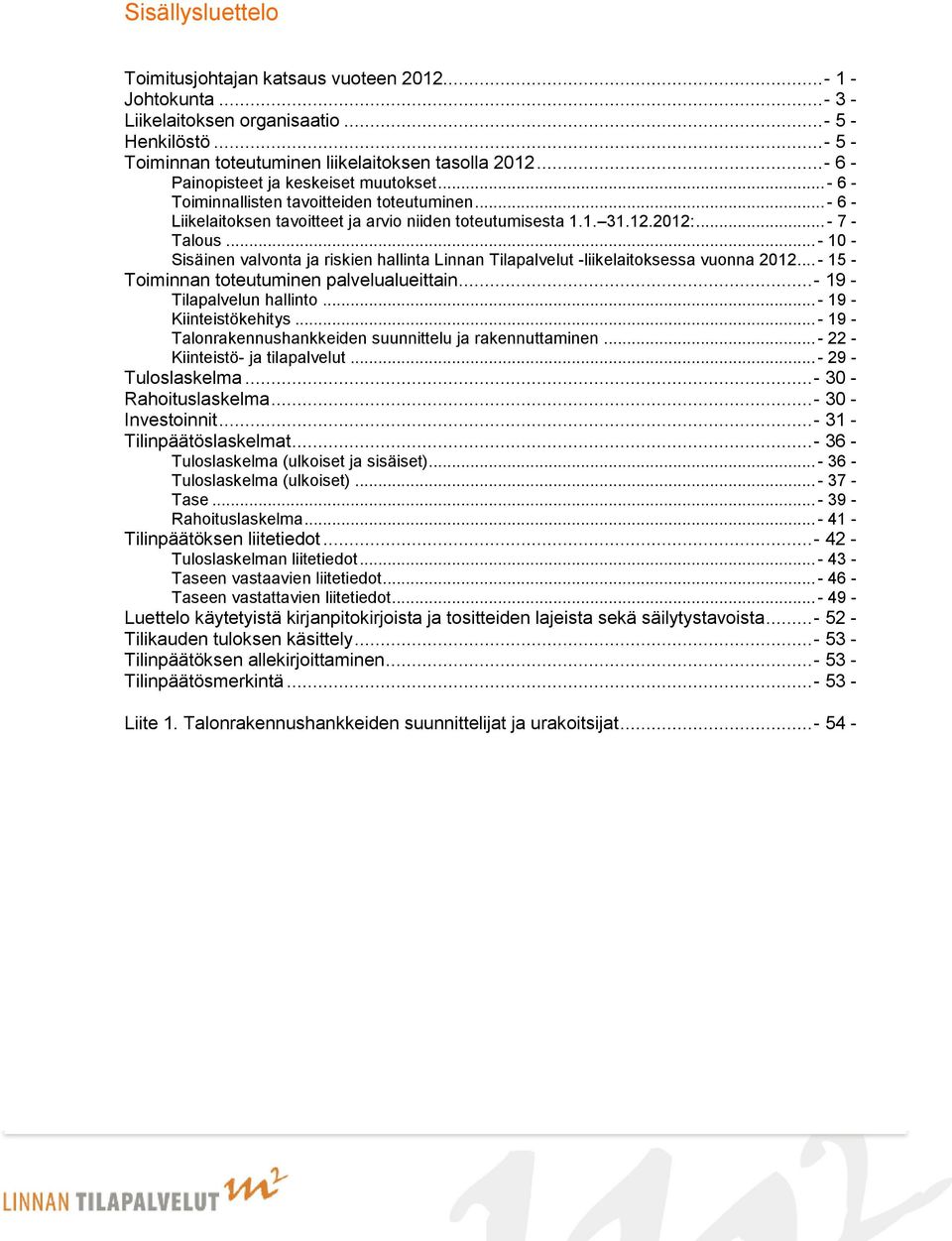 .. - 10 - Sisäinen valvonta ja riskien hallinta Linnan Tilapalvelut -liikelaitoksessa vuonna 2012... - 15 - Toiminnan toteutuminen palvelualueittain... - 19 - Tilapalvelun hallinto.