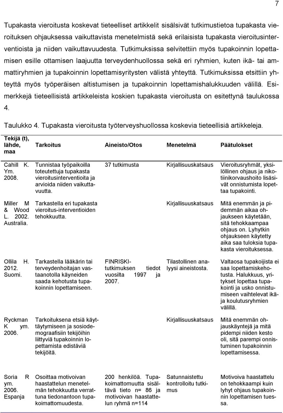 Tutkimuksissa selvitettiin myös tupakoinnin lopettamisen esille ottamisen laajuutta terveydenhuollossa sekä eri ryhmien, kuten ikä- tai ammattiryhmien ja tupakoinnin lopettamisyritysten välistä