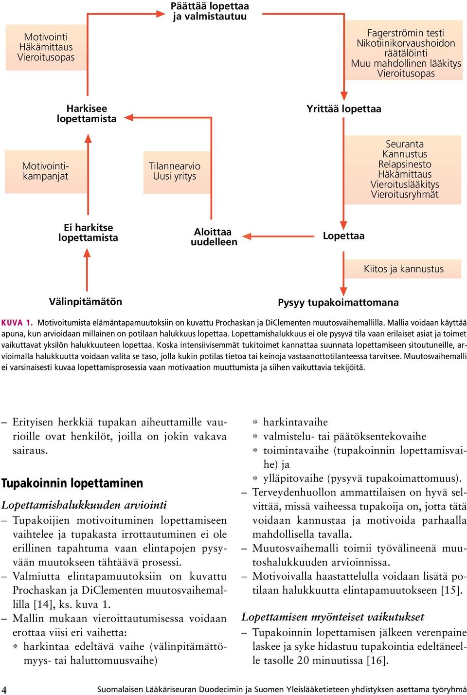 kannustus välinpitämätön pysyy tupakoimattomana Kuva 1. Motivoitumista elämäntapamuutoksiin on kuvattu Prochaskan ja DiClementen muutosvaihemallilla.