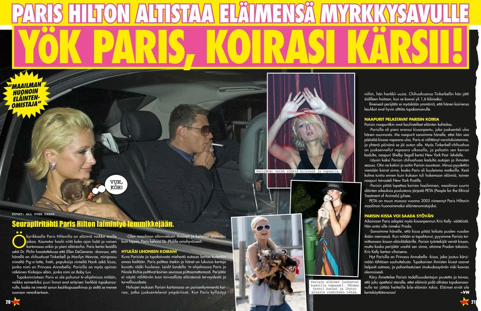 KUVAT: ALL OVER PRESS VUH, KÖH! Seurapiiritähti Paris Hilton laiminlyö lemmikkejään. Ökyrikkaalla Paris Hiltonilla on eläimiä vaikka muille jakaa.