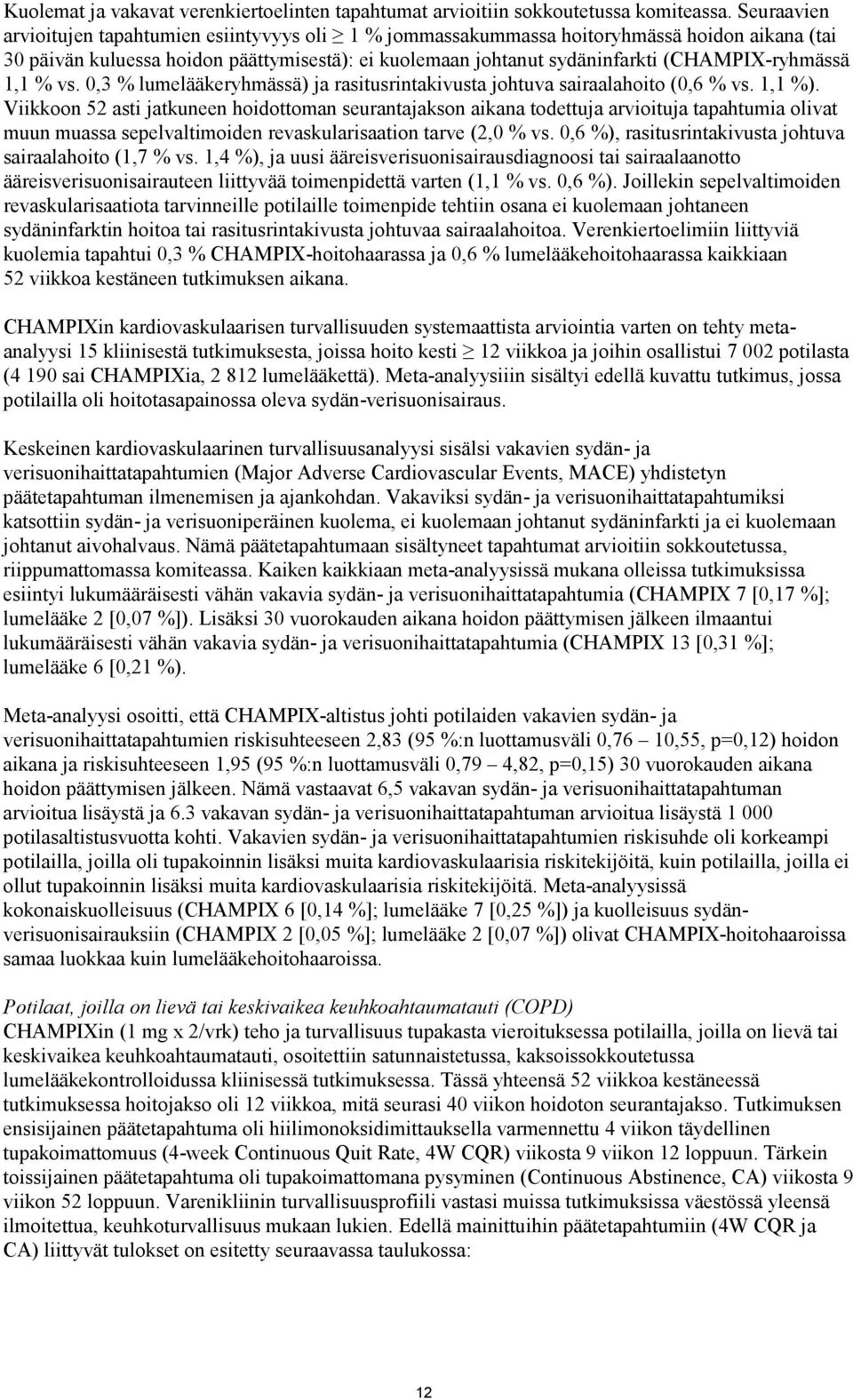 (CHAMPIX-ryhmässä 1,1 % vs. 0,3 % lumelääkeryhmässä) ja rasitusrintakivusta johtuva sairaalahoito (0,6 % vs. 1,1 %).