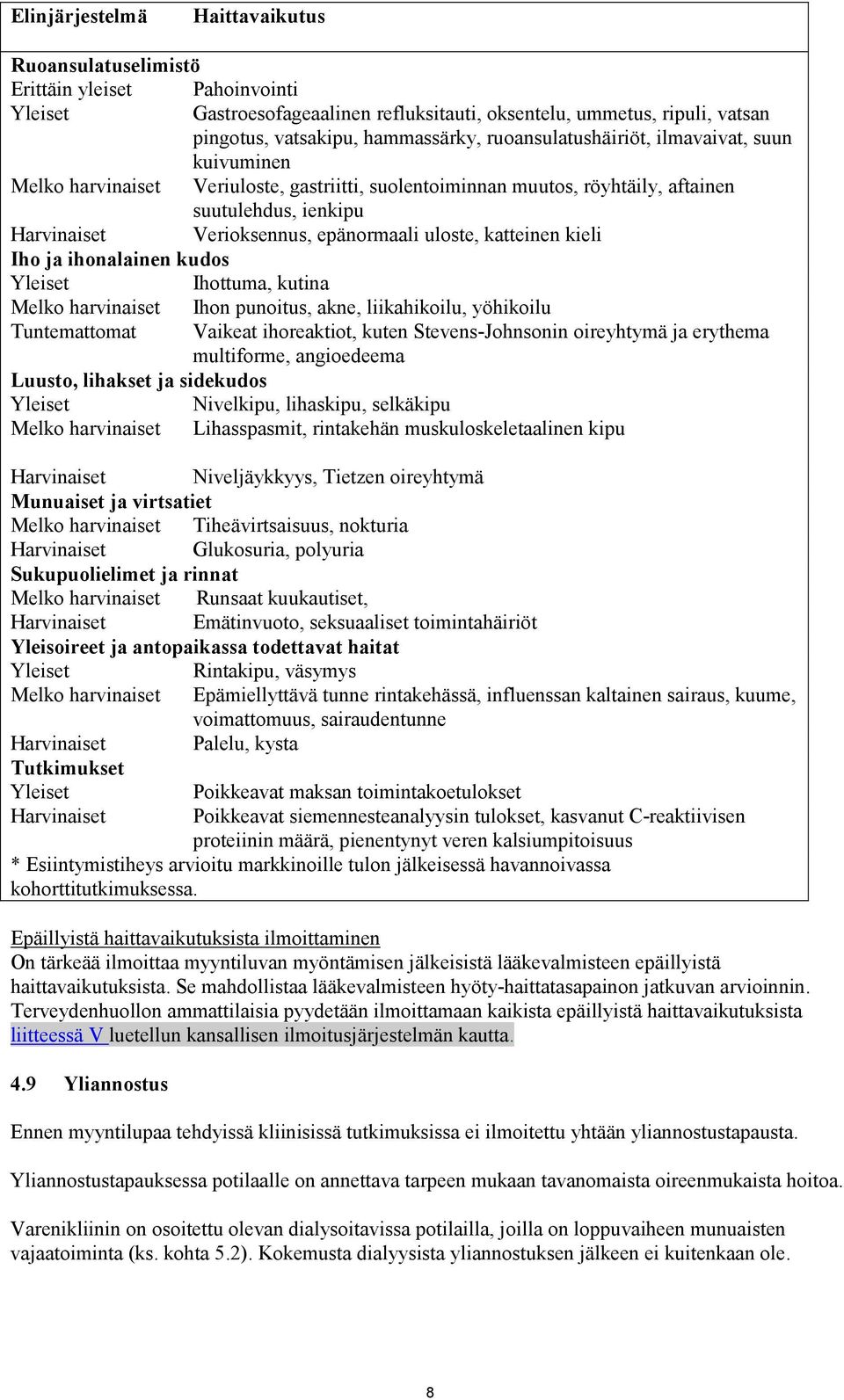 uloste, katteinen kieli Iho ja ihonalainen kudos Yleiset Ihottuma, kutina Melko harvinaiset Ihon punoitus, akne, liikahikoilu, yöhikoilu Tuntemattomat Vaikeat ihoreaktiot, kuten Stevens-Johnsonin