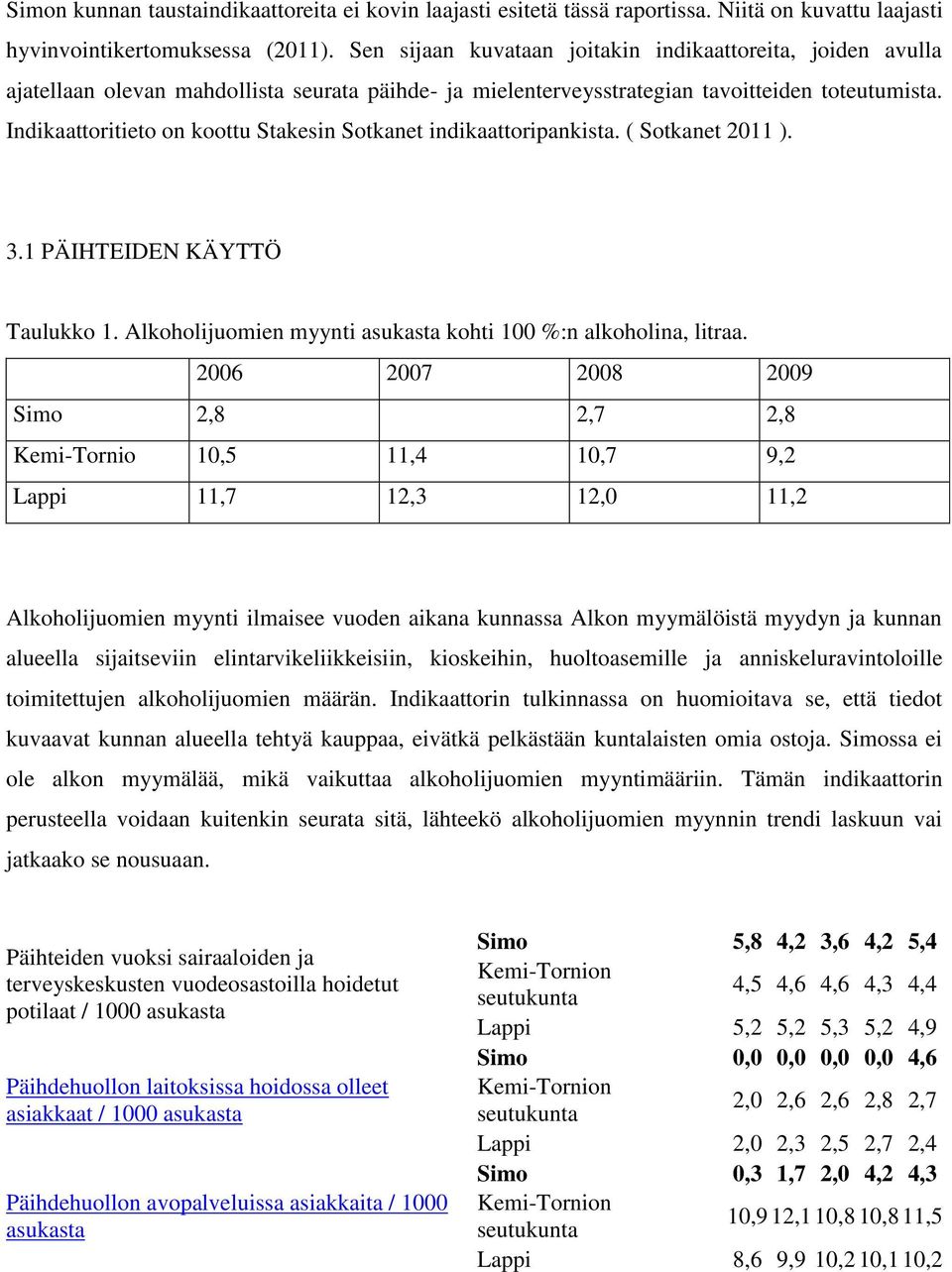 Indikaattoritieto on koottu Stakesin Sotkanet indikaattoripankista. ( Sotkanet 2011 ). 3.1 PÄIHTEIDEN KÄYTTÖ Taulukko 1. Alkoholijuomien myynti asukasta kohti 100 %:n alkoholina, litraa.