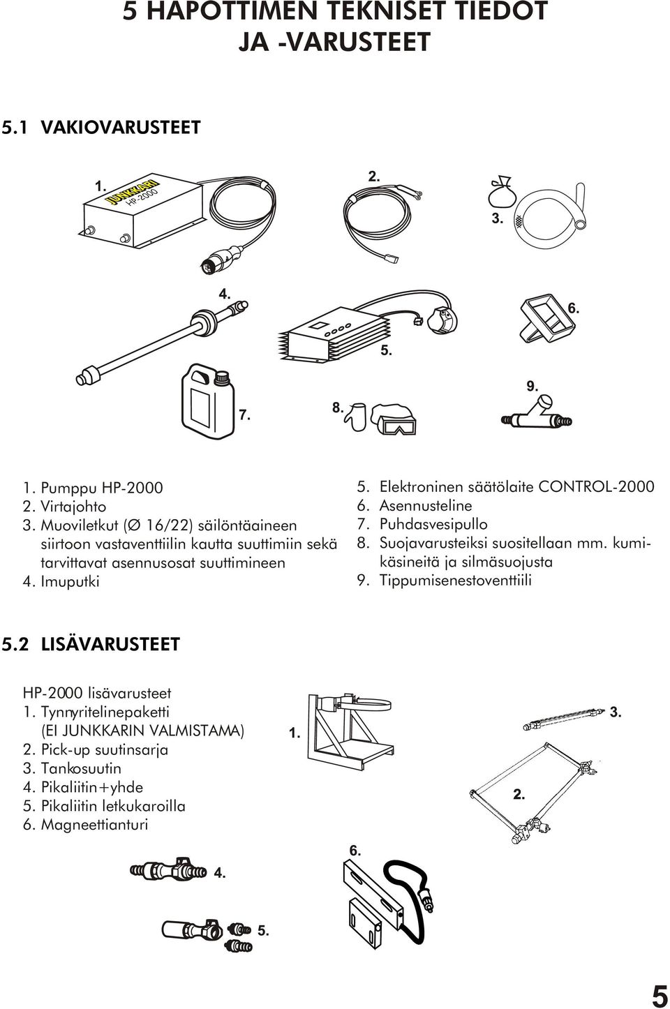 Elektroninen säätölaite CONTROL-2000 6. Asennusteline 7. Puhdasvesipullo 8. Suojavarusteiksi suositellaan mm. kumikäsineitä ja silmäsuojusta 9.