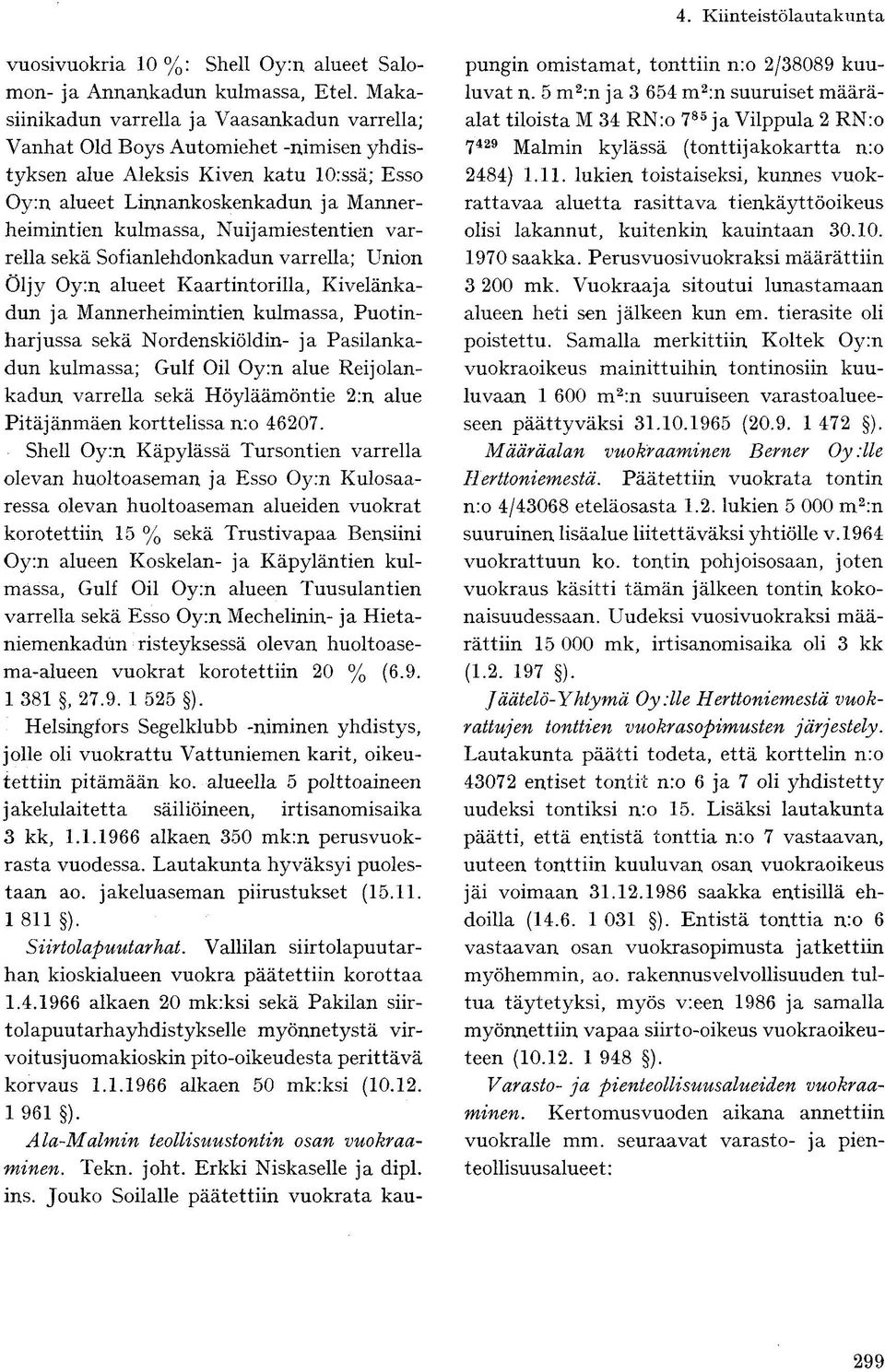 Nuijamiestentien varrella sekä Sofianlehdonkadun varrella; Union Öljy Oy:n alueet Kaartintorilla, Kivelänkadun ja Mannerheimintien kulmassa, Puotinharjussa sekä Nordenskiöldin- ja Pasilankadun