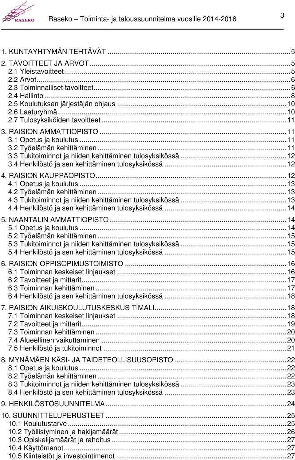 .. 2 3.4 Henkilöstö ja sen kehittäminen tulosyksikössä... 2 4. RAISION KAUPPAOPISTO... 2 4. Opetus ja koulutus... 3 4.2 Työelämän kehittäminen... 3 4.3 Tukitoiminnot ja niiden kehittäminen tulosyksikössä.